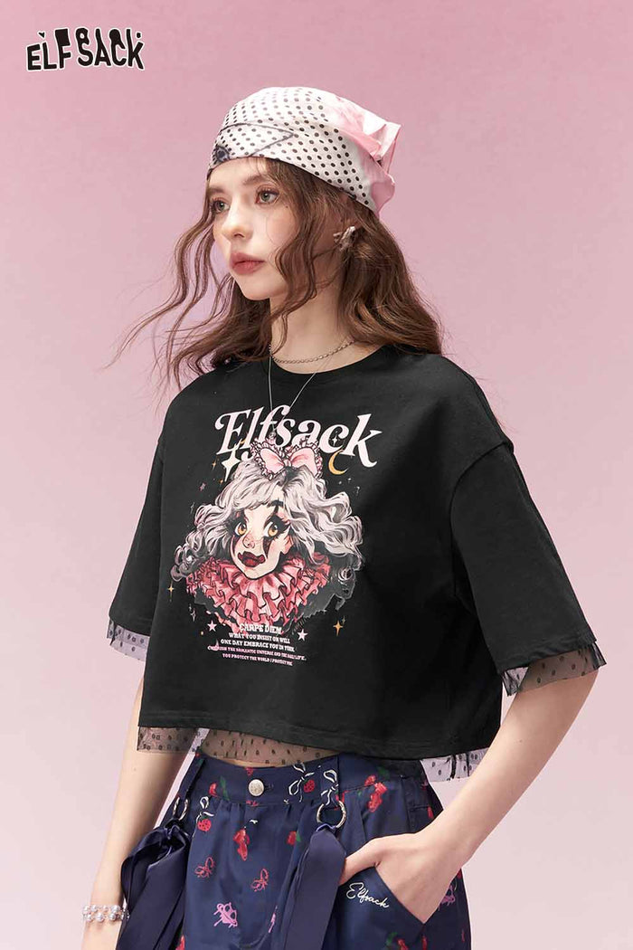 ELFSACK Casual Versatile Cartoon Print Polka Dot Trim Short Sleeve Tshirt