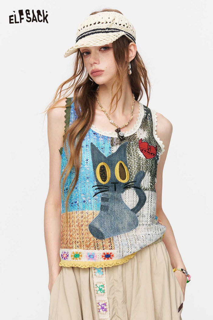 ELFSACK Cat Patchwork Knit Tank Top