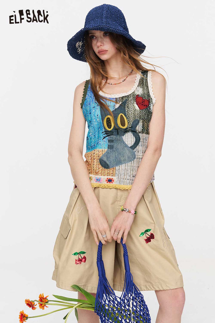 ELFSACK Cat Patchwork Knit Tank Top