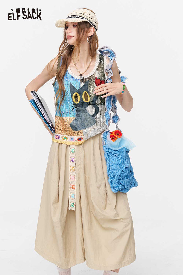 ELFSACK Cat Patchwork Knit Tank Top