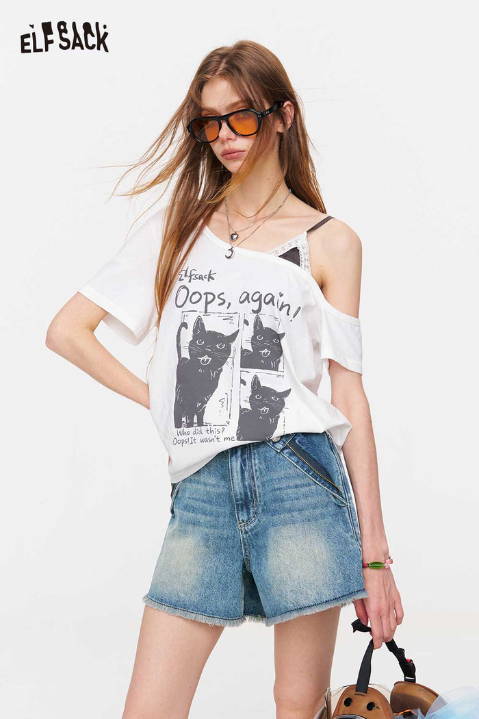 ELFSACK Cat Print Asymmetric Layered T-Shirt