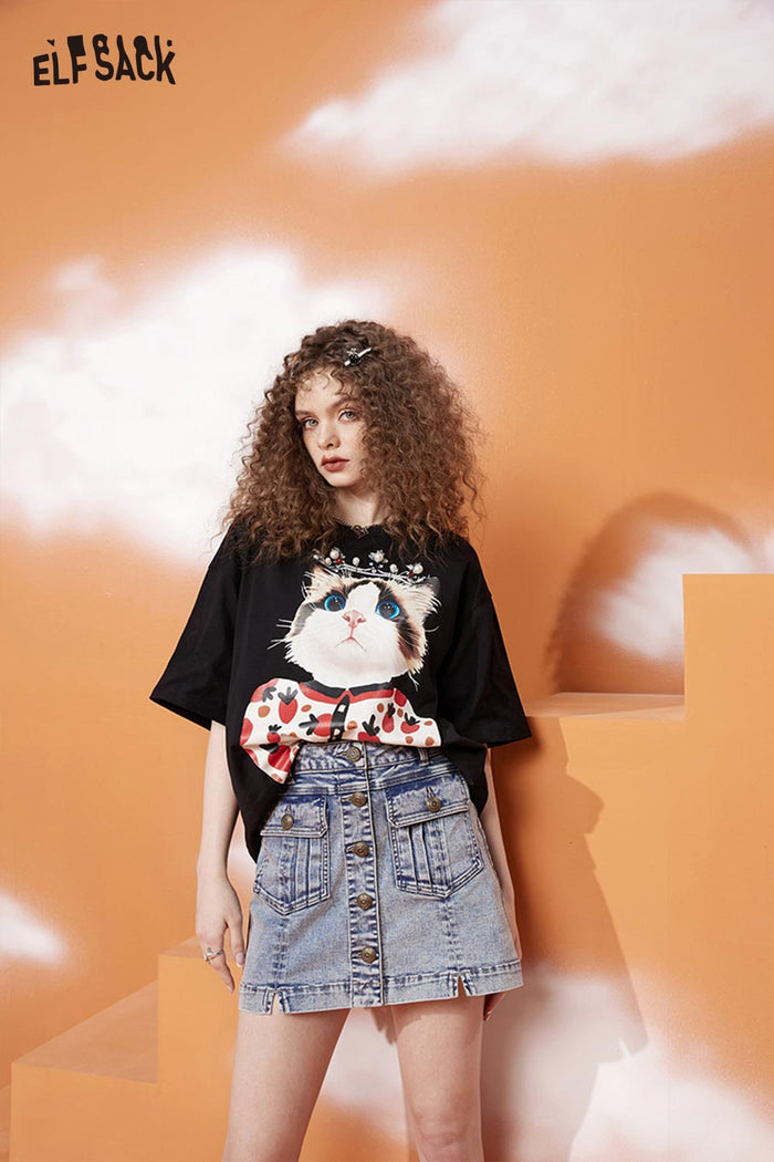 ELFSACK Cat Print Black Loose Casual Crewneck T-Shirt