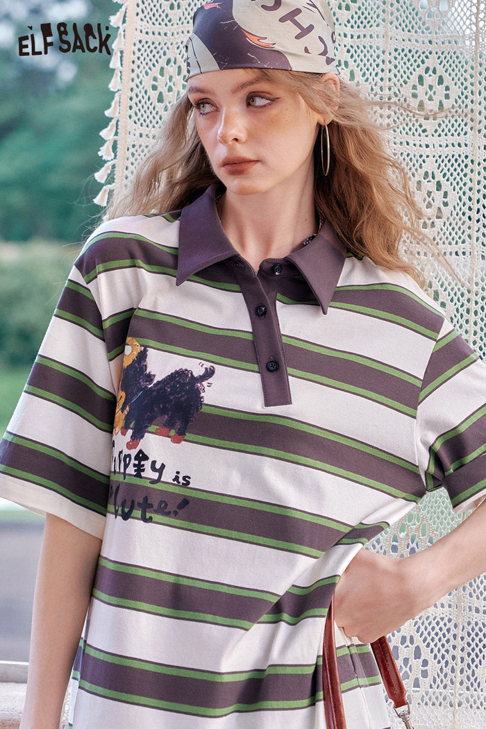 ELFSACK Cat Print Casual Polo Collar Dress