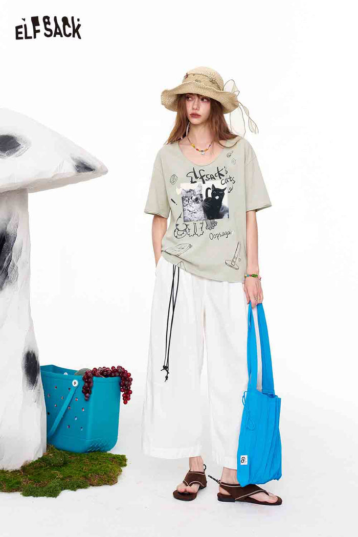 ELFSACK Cat Print Graffiti Oversized T-Shirt