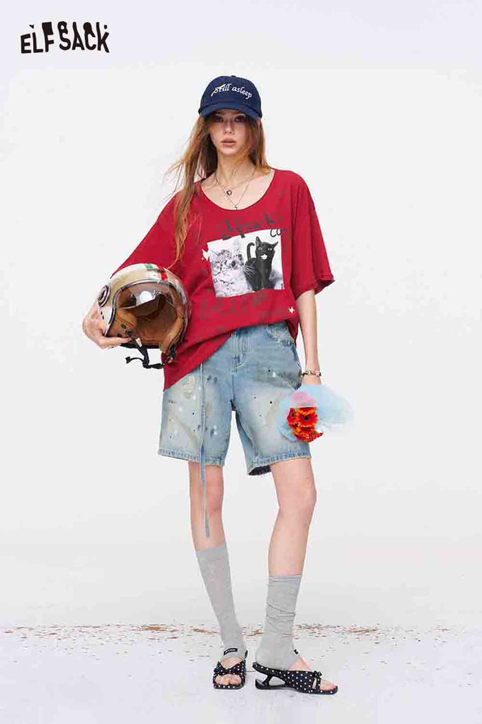 ELFSACK Cat Print Graffiti Oversized T-Shirt