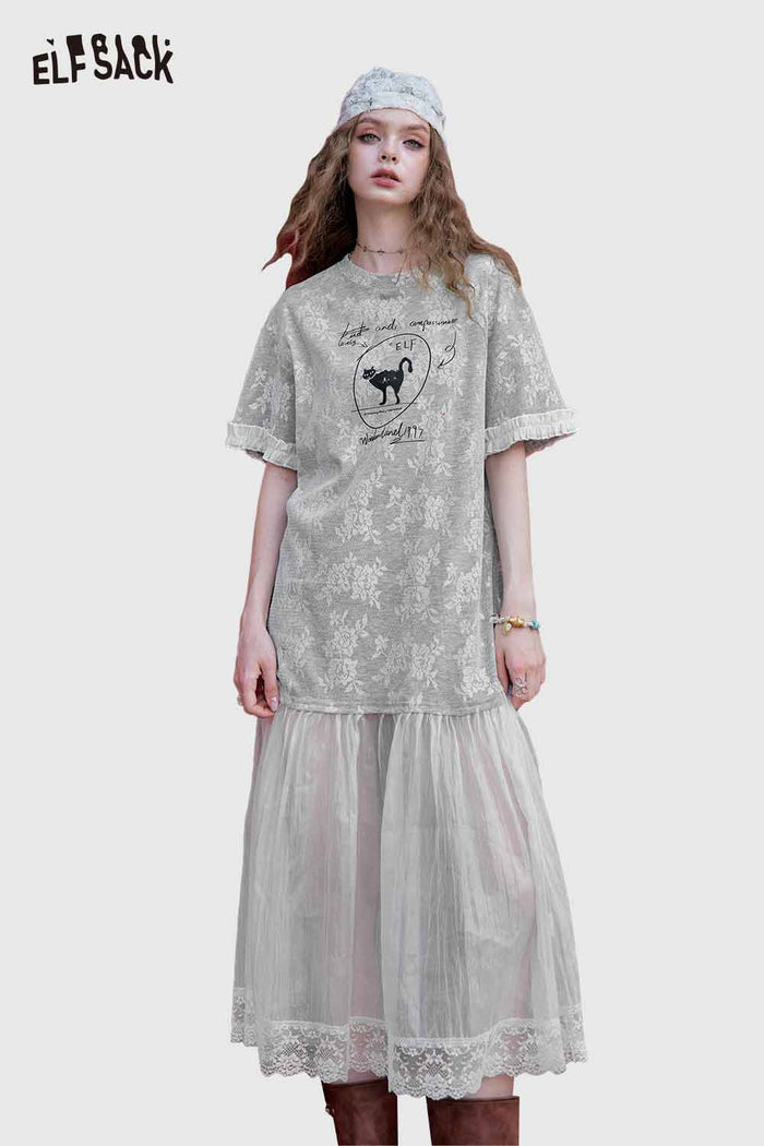 ELFSACK Cat Print Layered Mesh Dress