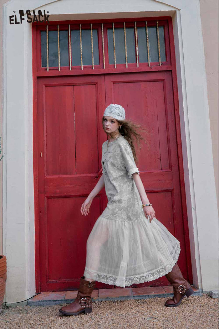 ELFSACK Cat Print Layered Mesh Dress