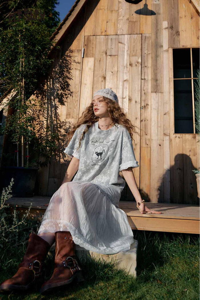 ELFSACK Cat Print Layered Mesh Dress