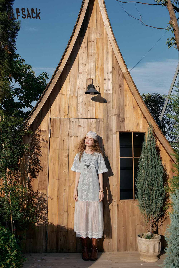 ELFSACK Cat Print Layered Mesh Dress