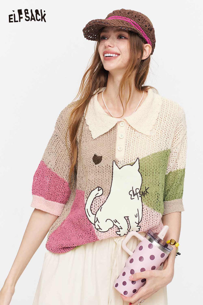ELFSACK Cat Print Patchwork Knit Polo