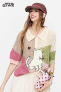 ELFSACK Cat Print Patchwork Knit Polo