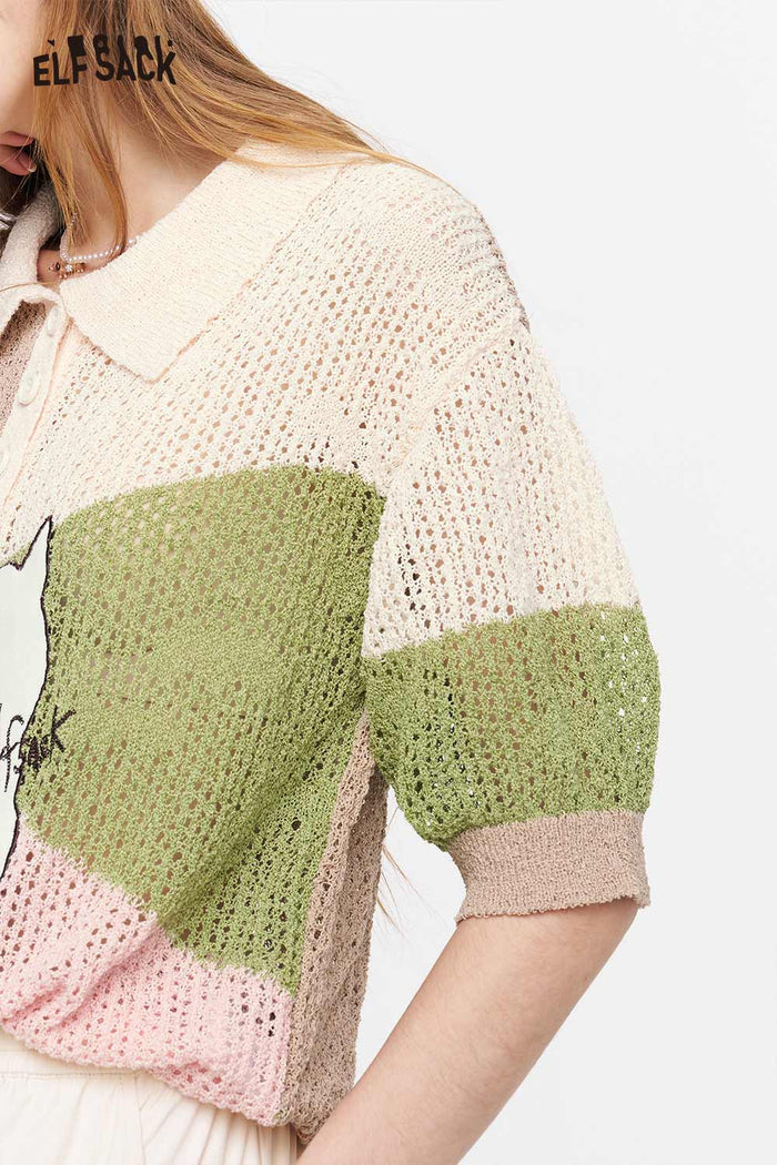 ELFSACK Cat Print Patchwork Knit Polo