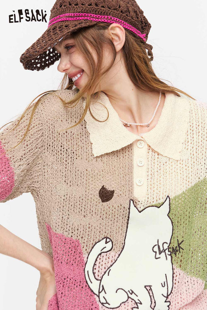 ELFSACK Cat Print Patchwork Knit Polo