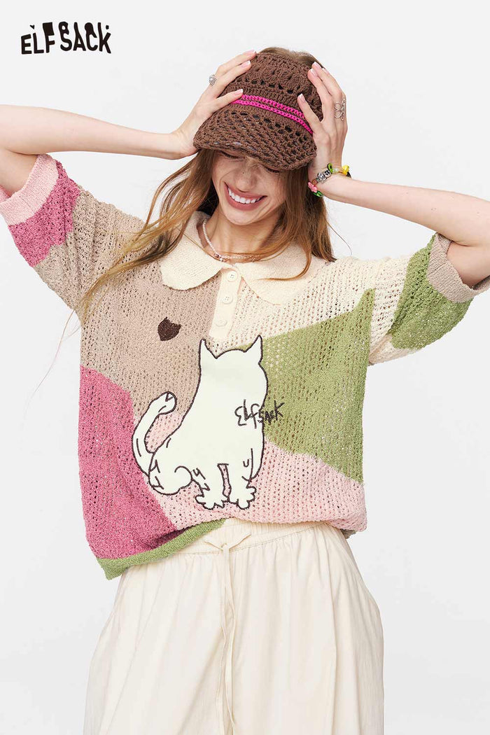 ELFSACK Cat Print Patchwork Knit Polo