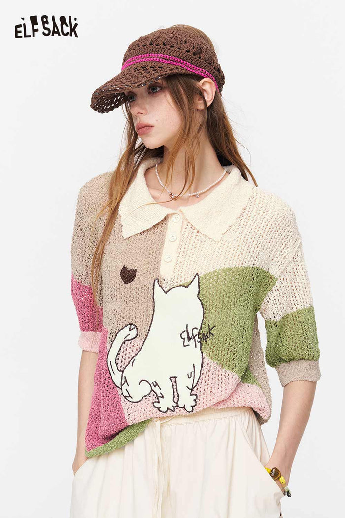 ELFSACK Cat Print Patchwork Knit Polo