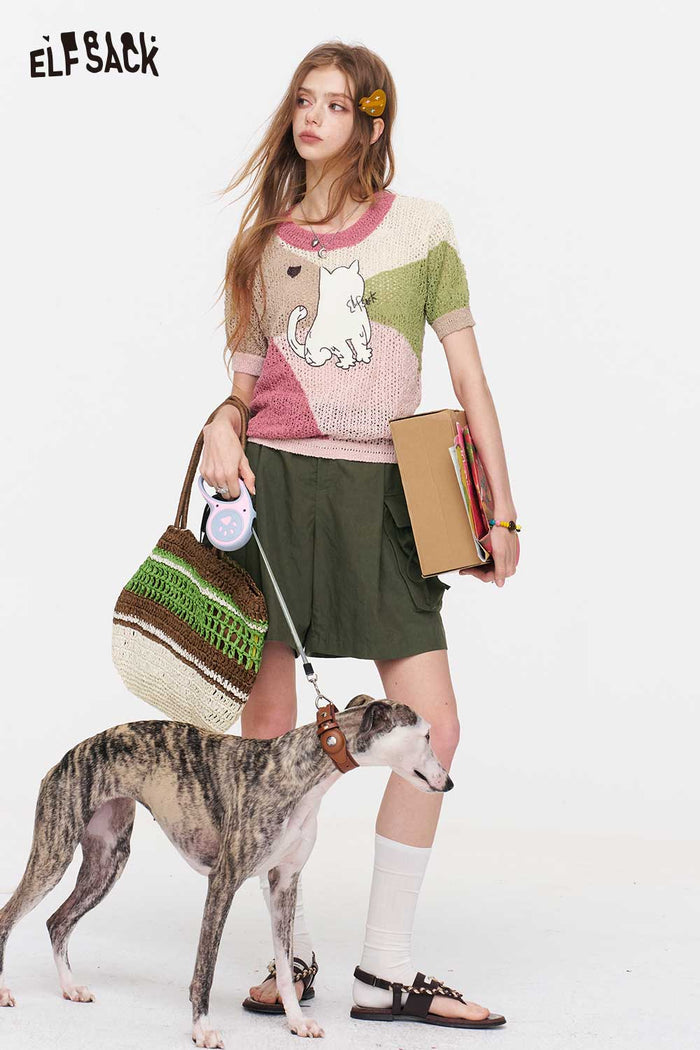 ELFSACK Cat Print Patchwork Knit Top