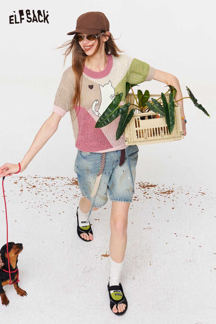 ELFSACK Cat Print Patchwork Knit Top