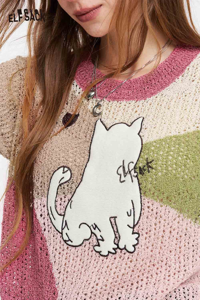 ELFSACK Cat Print Patchwork Knit Top
