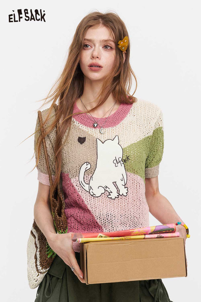 ELFSACK Cat Print Patchwork Knit Top
