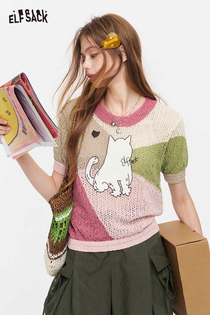 ELFSACK Cat Print Patchwork Knit Top
