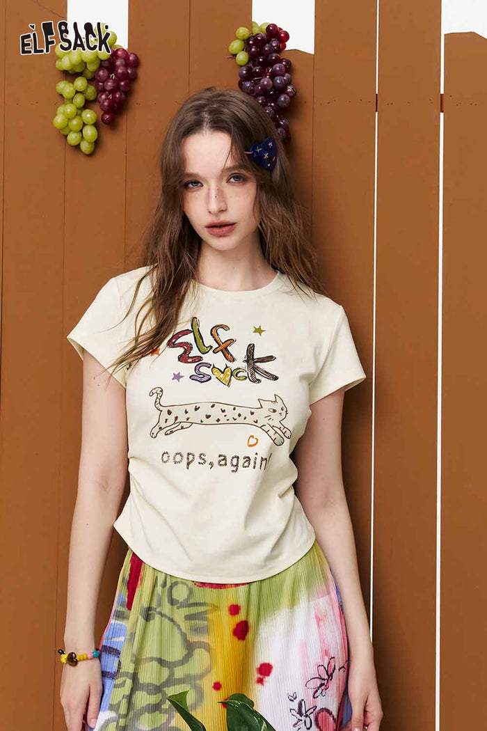 ELFSACK Cat Print Slim Fit Short Sleeve Tee