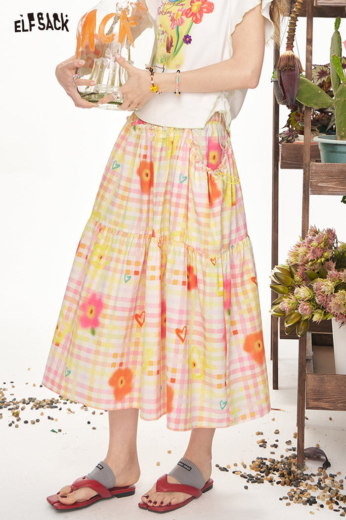 ELFSACK Checkered Floral A-Line Chic Short Skirt