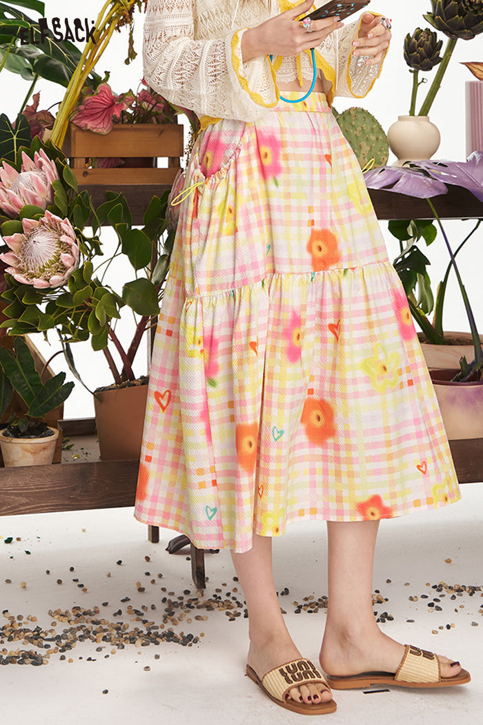 ELFSACK Checkered Floral A-Line Chic Short Skirt