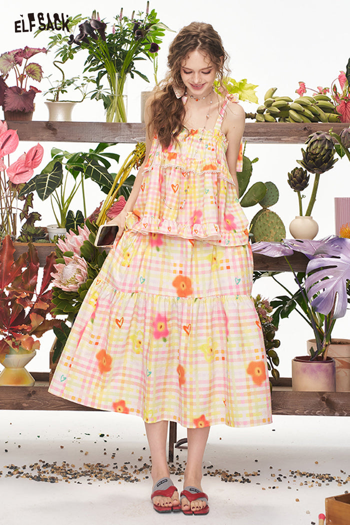 ELFSACK Checkered Floral A-Line Chic Short Skirt