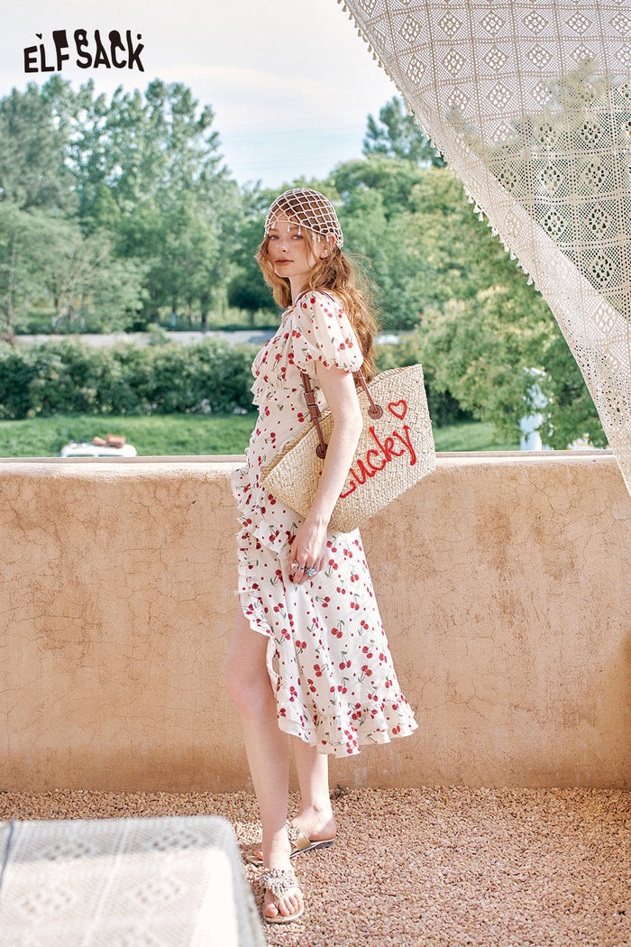 ELFSACK Cherry Print Bubble Sleeve Square Neck Chic Dress