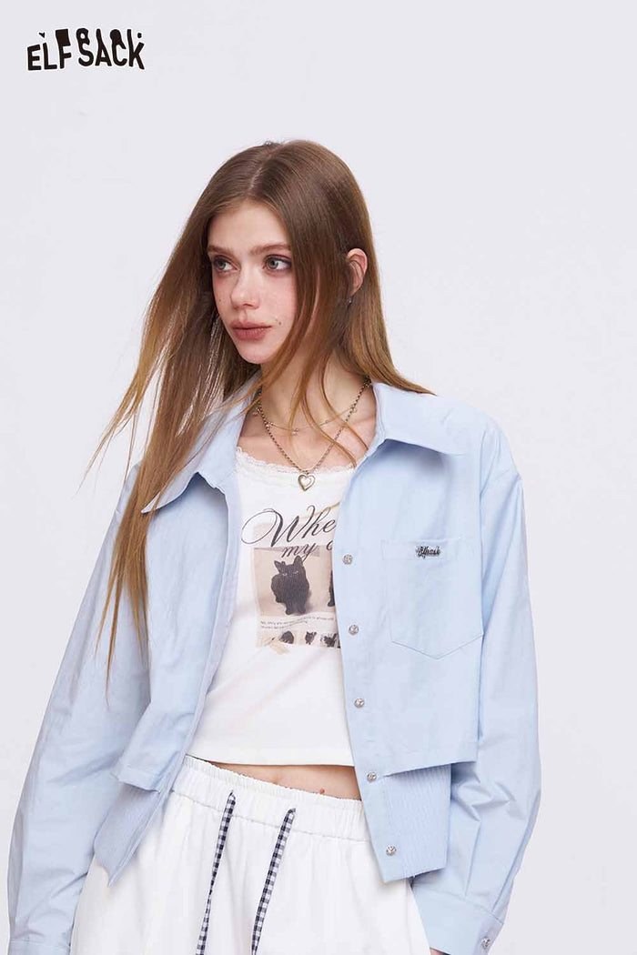 ELFSACK Chic Crop Shirt with Ribbed Hem