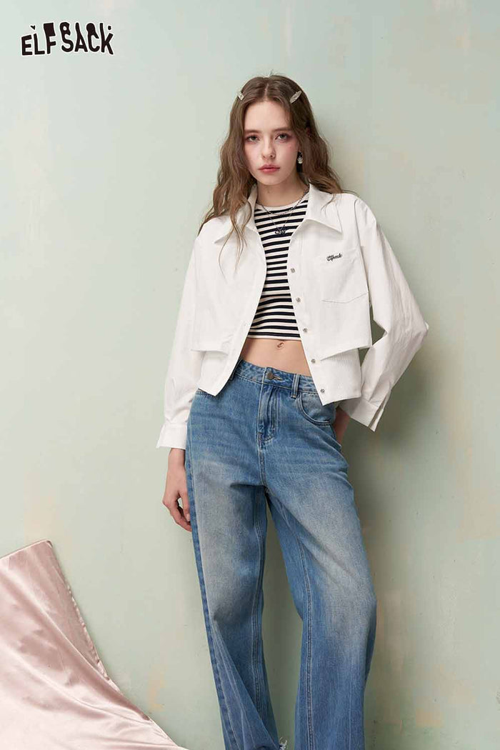 ELFSACK Chic Crop Shirt with Ribbed Hem