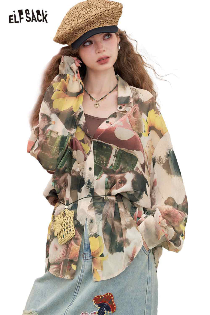 ELFSACK Chiffon Loose Full Print Long-Sleeved Shirt