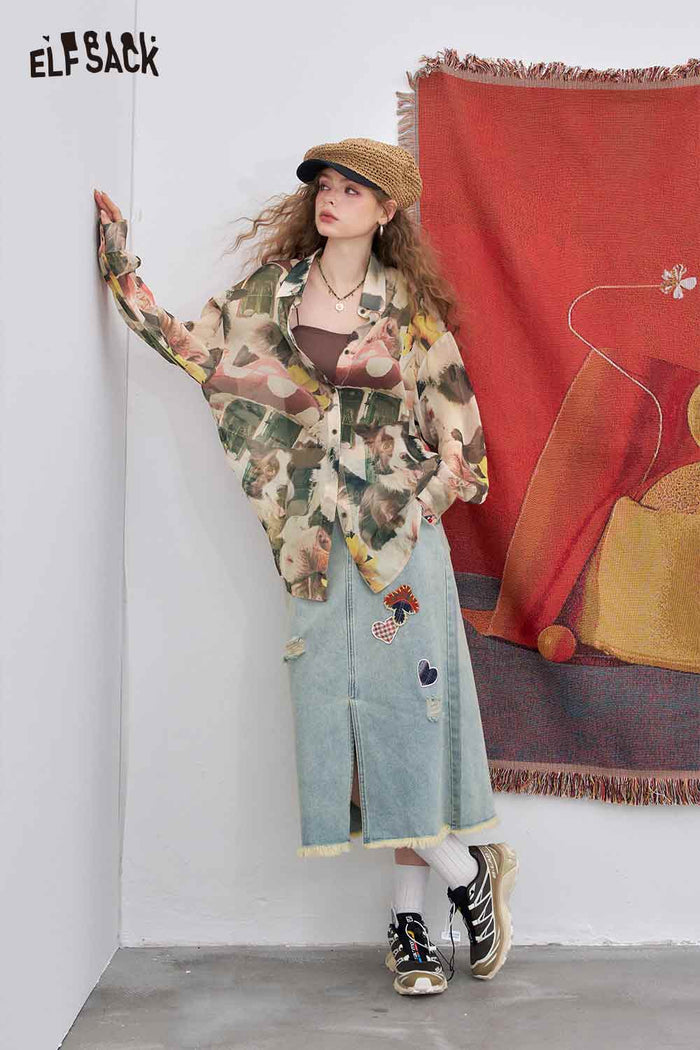 ELFSACK Chiffon Loose Full Print Long-Sleeved Shirt