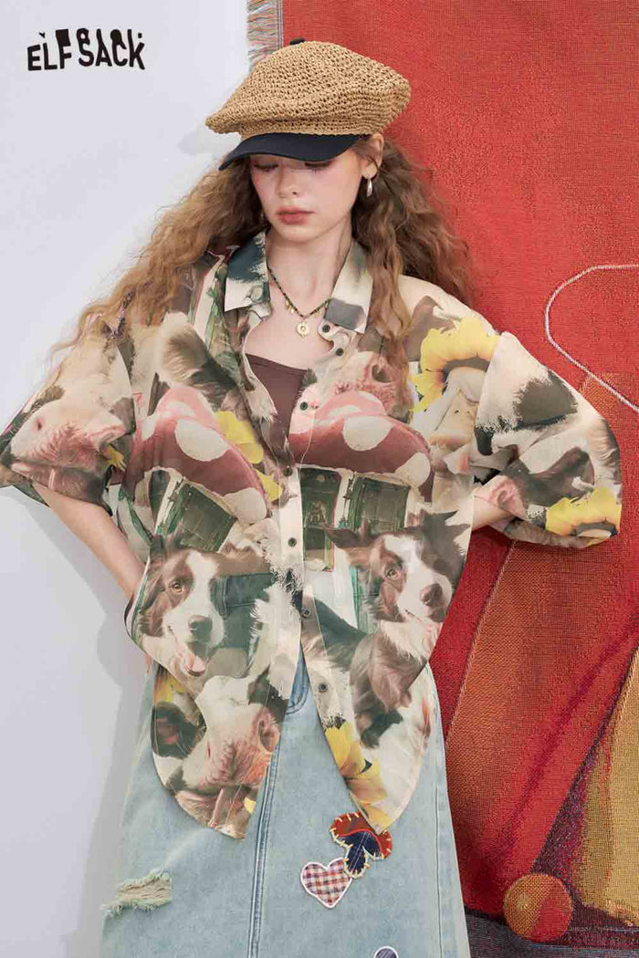 ELFSACK Chiffon Loose Full Print Long-Sleeved Shirt