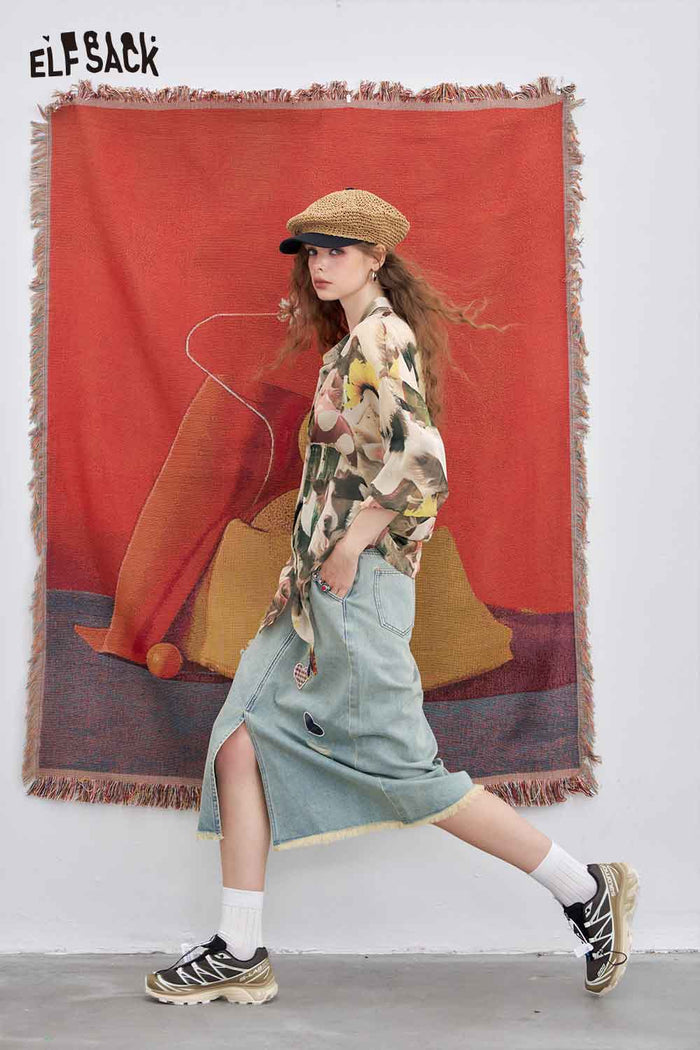 ELFSACK Chiffon Loose Full Print Long-Sleeved Shirt