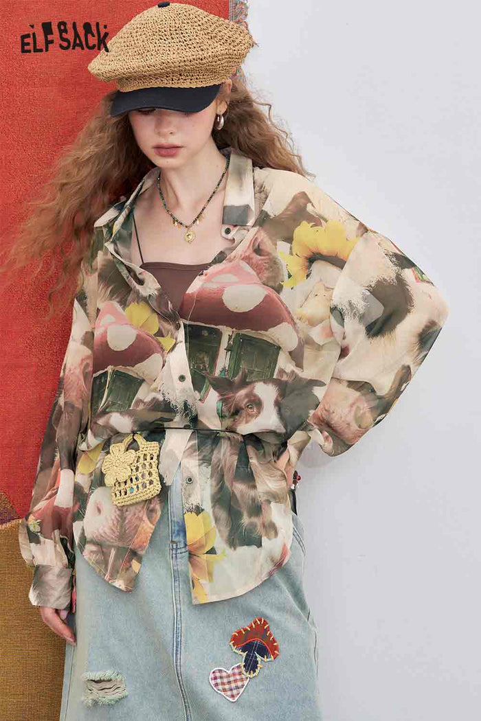 ELFSACK Chiffon Loose Full Print Long-Sleeved Shirt