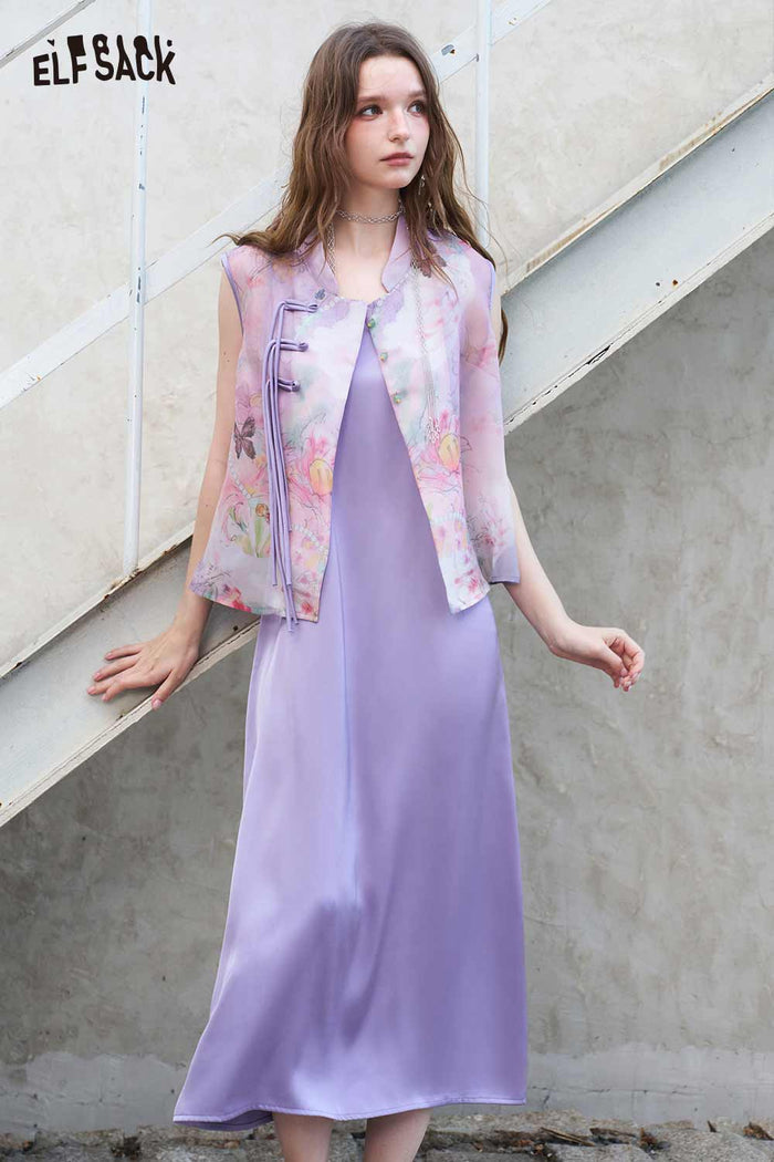 ELFSACK Chinese Style Vest Satin Dress Set