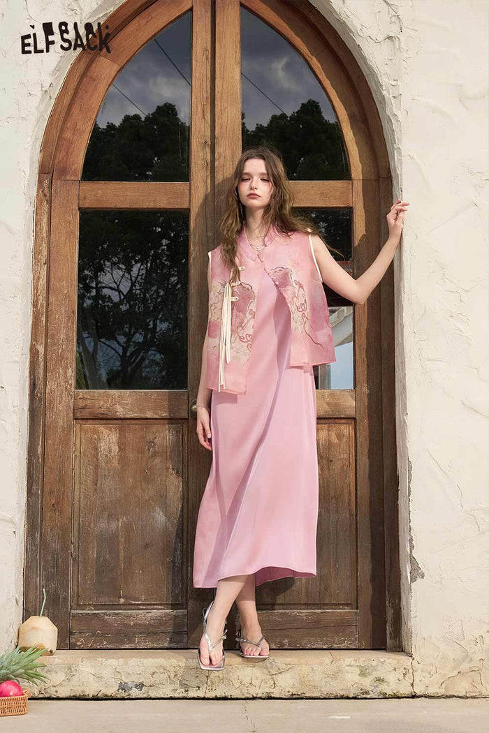 ELFSACK Chinese Style Vest Satin Dress Set