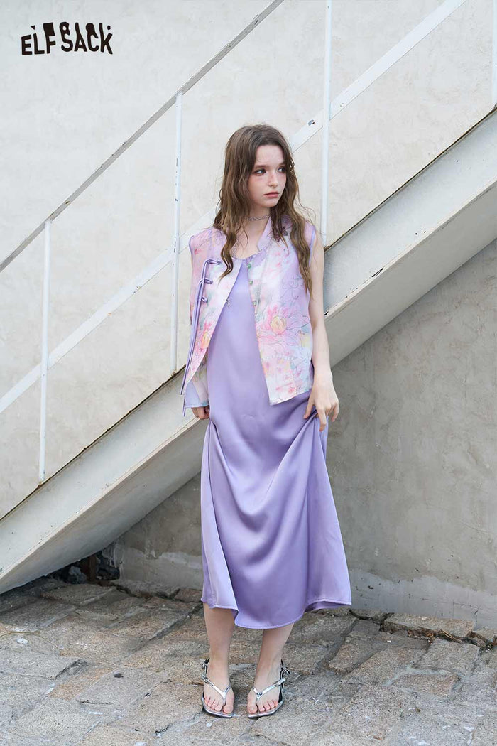 ELFSACK Chinese Style Vest Satin Dress Set