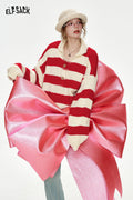 ELFSACK Christmas Year Button Lapel Red Striped Loose Sweater Women