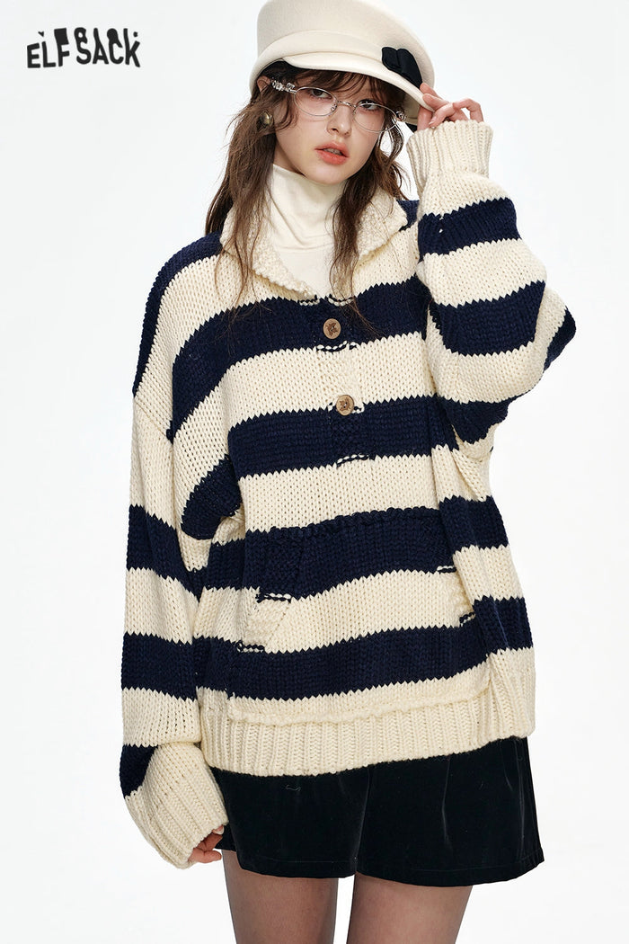 ELFSACK Christmas Year Button Lapel Red Striped Loose Sweater Women