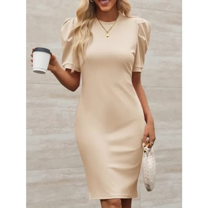 Cicy Bell Women's Puff Sleeve Bodycon Work Dresses Crew Neck Business Casual Office Pencil Dress