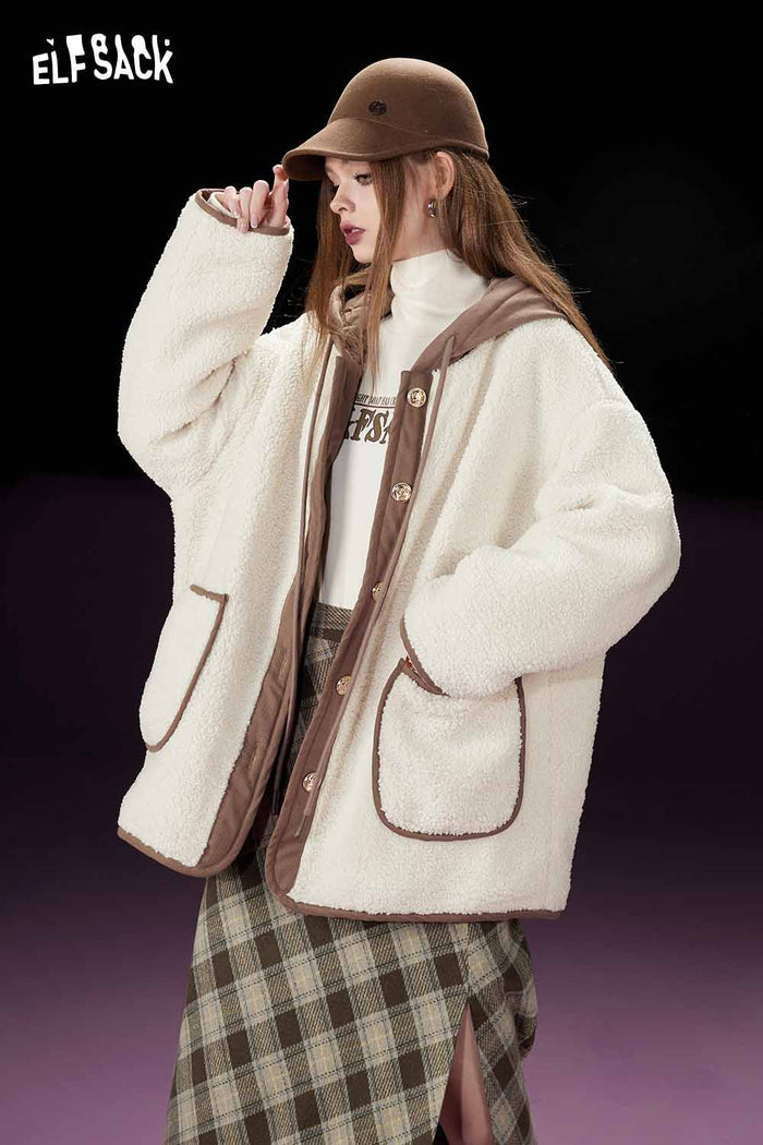 ELFSACK Classic Loose Hooded Patchwork Knit Cotton Coat