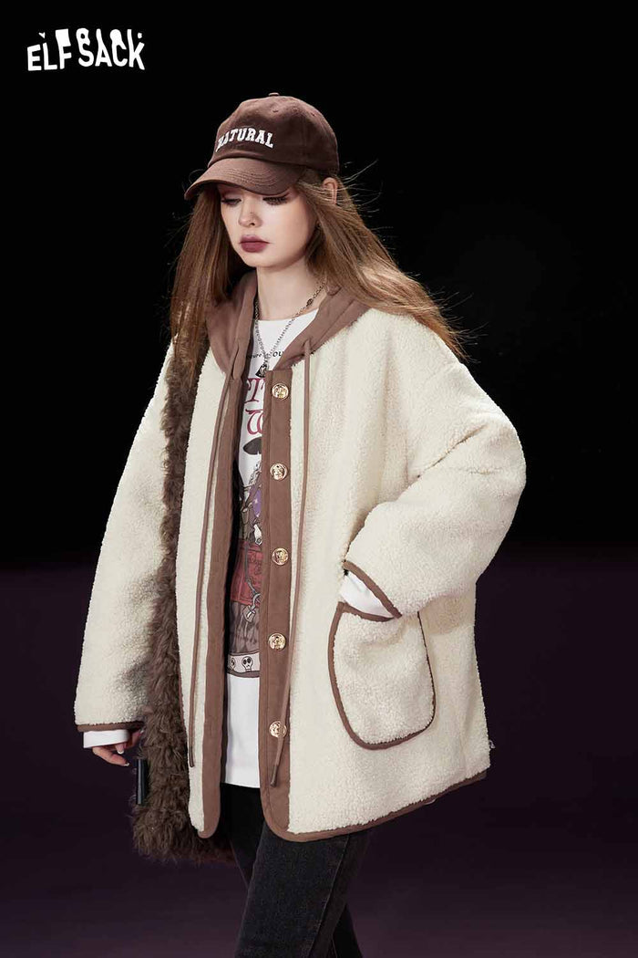 ELFSACK Classic Loose Hooded Patchwork Knit Cotton Coat