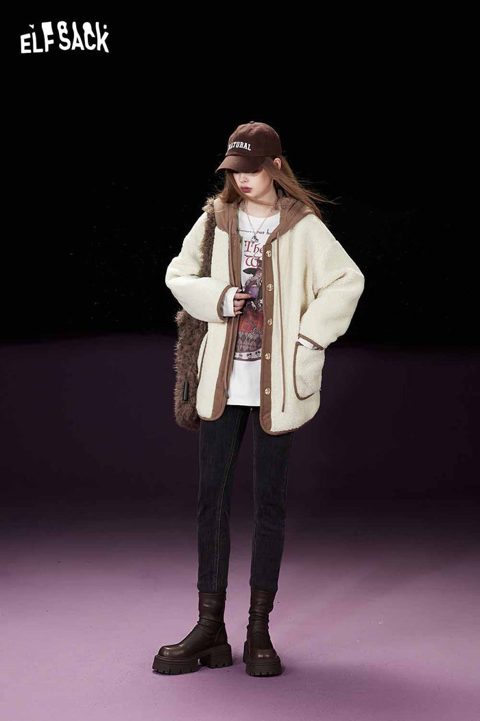 ELFSACK Classic Loose Hooded Patchwork Knit Cotton Coat