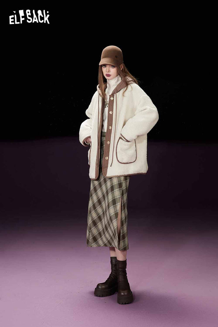 ELFSACK Classic Loose Hooded Patchwork Knit Cotton Coat