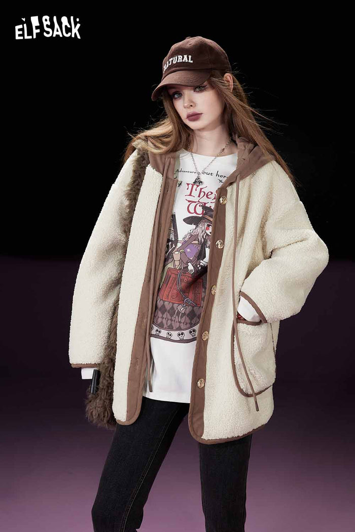 ELFSACK Classic Loose Hooded Patchwork Knit Cotton Coat