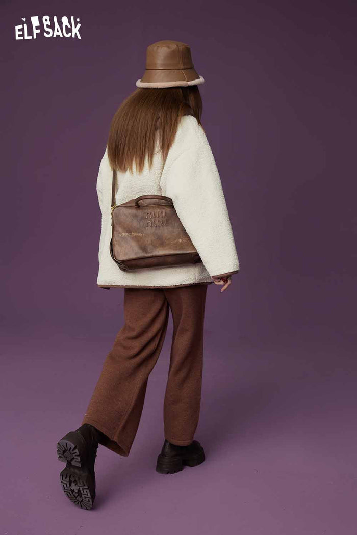 ELFSACK Classic Loose Hooded Patchwork Knit Cotton Coat