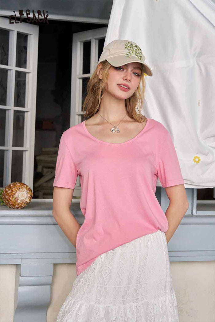 ELFSACK Classic Loose Solid Large Neckline Short Sleeve Tshirt