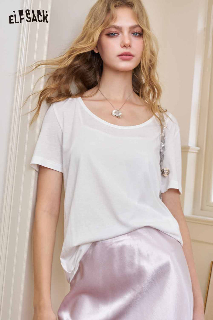 ELFSACK Classic Loose Solid Large Neckline Short Sleeve Tshirt
